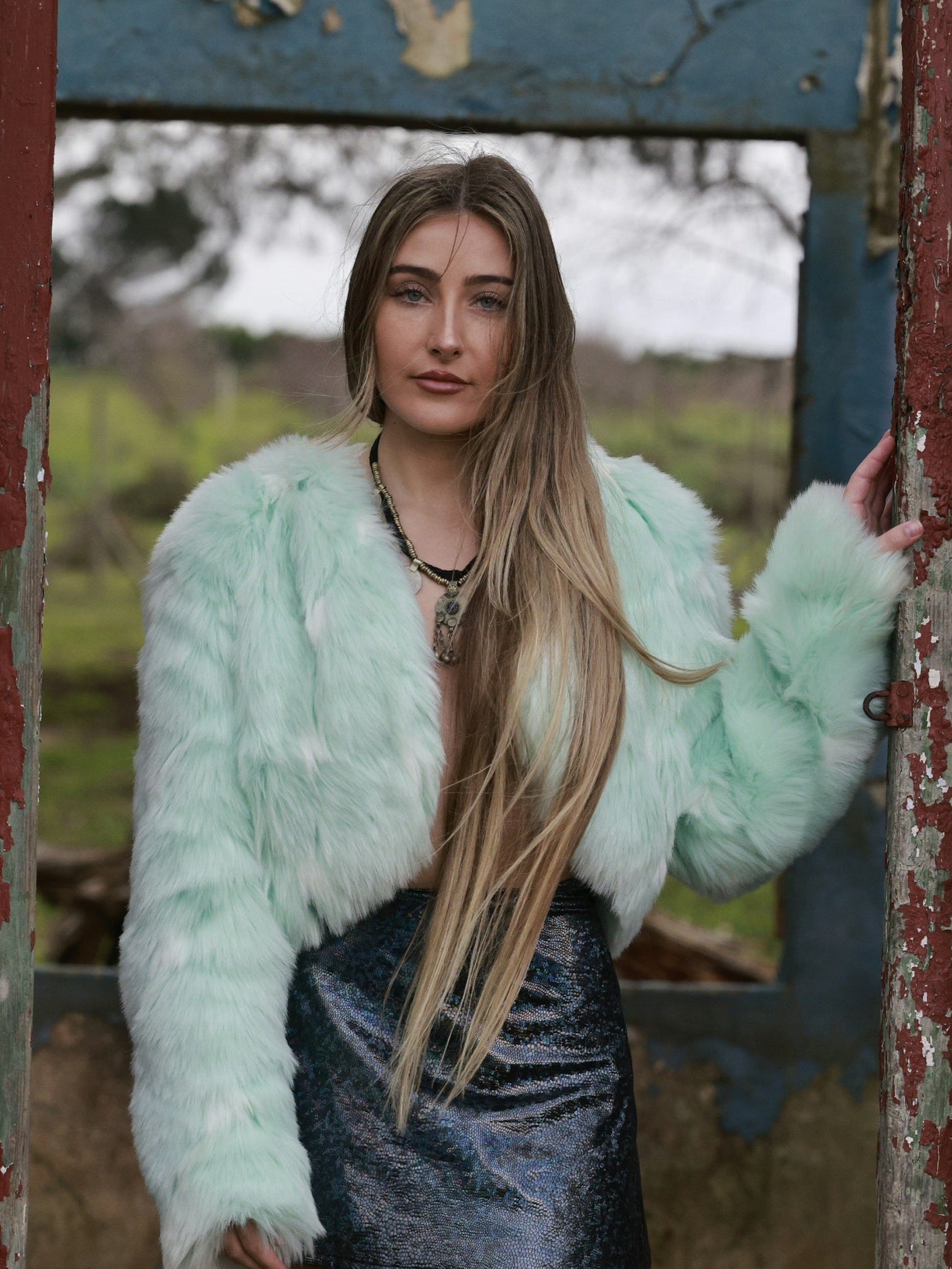 Mint Crop Fur Jacket