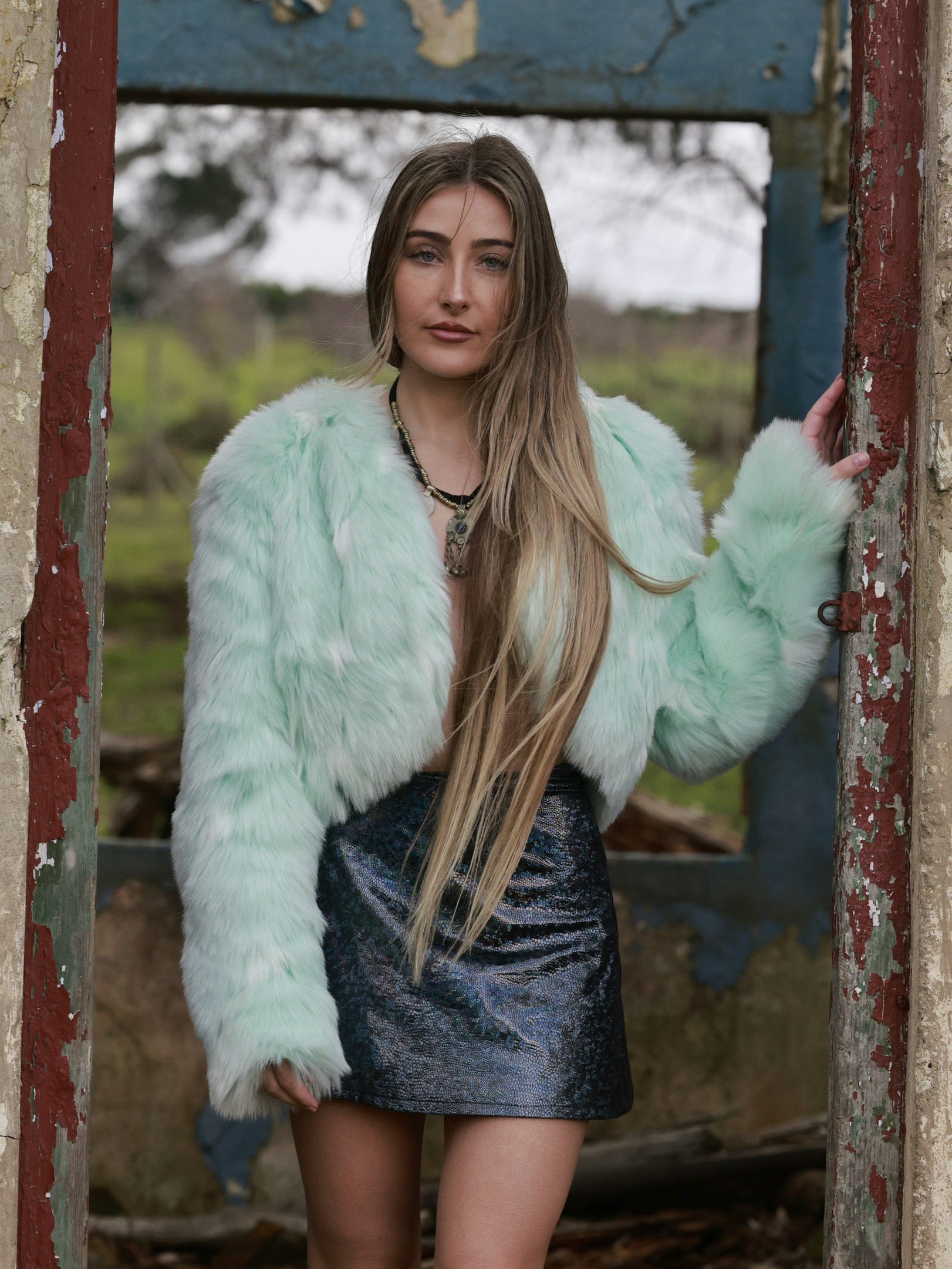 Mint Crop Fur Jacket