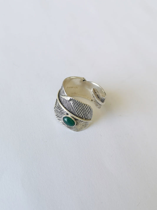 Green Feather Silver Rings