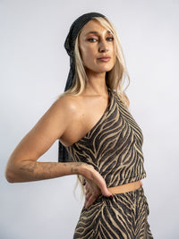 Bronze Tiger Off-the-Shoulder Midi Crop Top