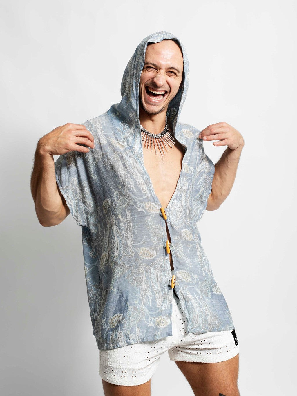 Faded Blue Paisley Pangea Hooded Shirt