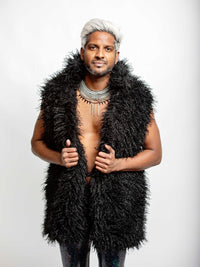 Black shaggy sleeveless fur jacket
